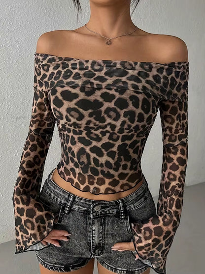 Off the shoulder Long sleeved leopard print mesh Shirt