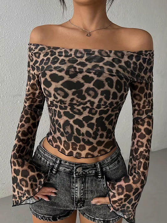 Off the shoulder Long sleeved leopard print mesh Shirt