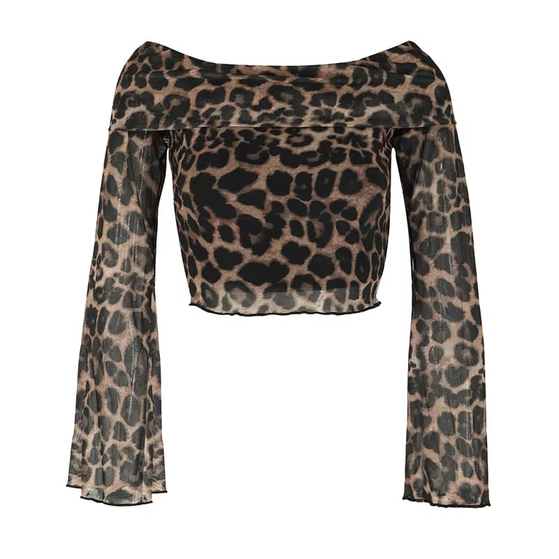 Off the shoulder Long sleeved leopard print mesh Shirt