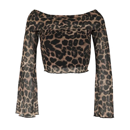 Off the shoulder Long sleeved leopard print mesh Shirt