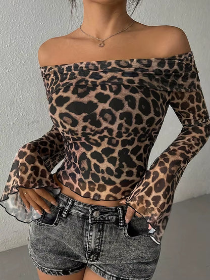 Off the shoulder Long sleeved leopard print mesh Shirt