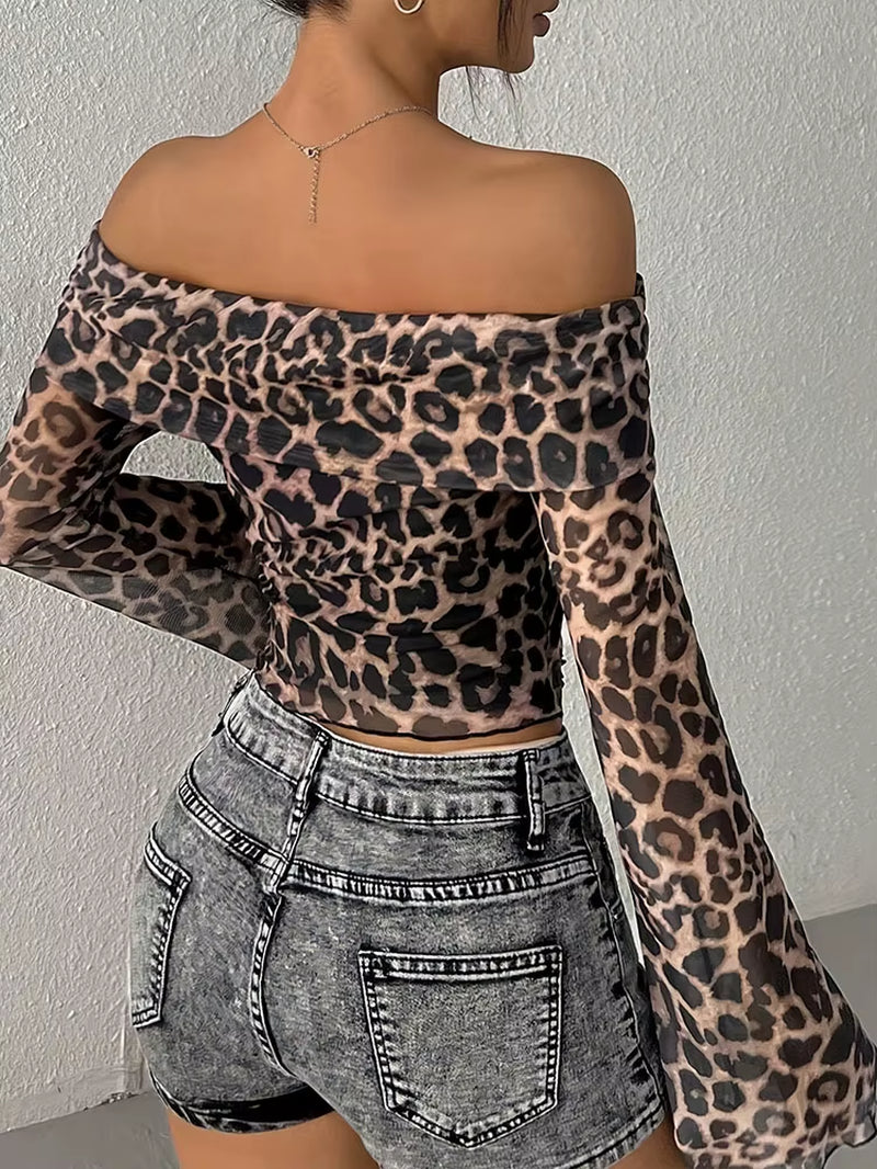 Off the shoulder Long sleeved leopard print mesh Shirt