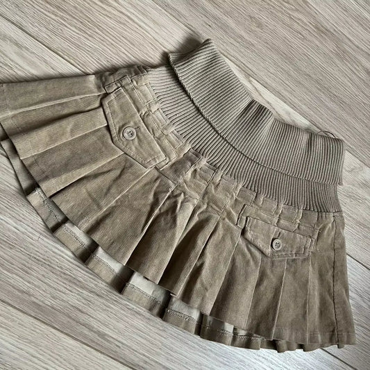 Ribbed Elastic Mini Skirt Pleated Skirt 